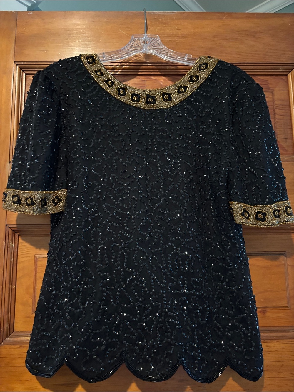 Vintage Disco Black Sequin Top with Gold Beaded Trim